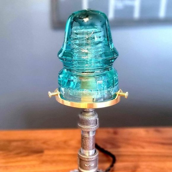 Glass Insulator Industrial Steel Pipe Gear Desk Lamp With a Brass Twist - Picture 1 of 3